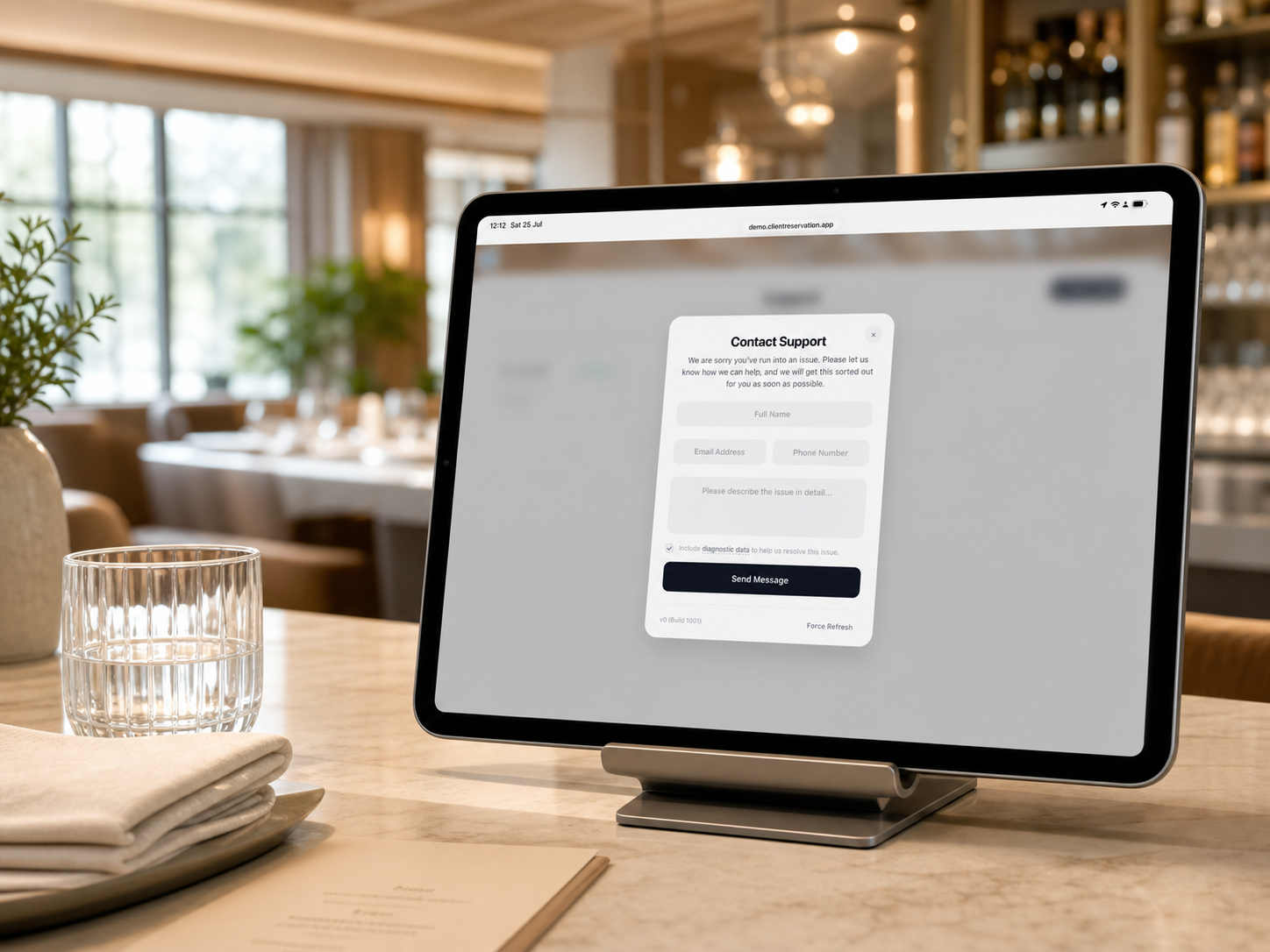 Client Reservation support form displayed on an iPad in a restaurant