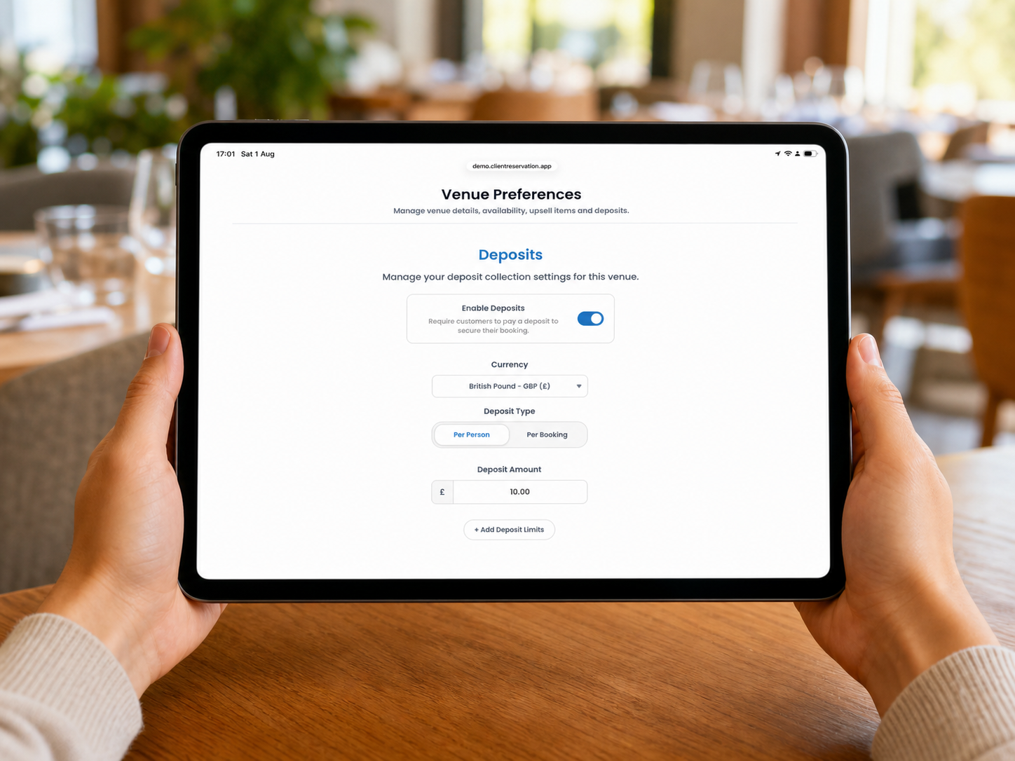 Client Reservation deposit settings displayed on a landscape iPad in a modern restaurant