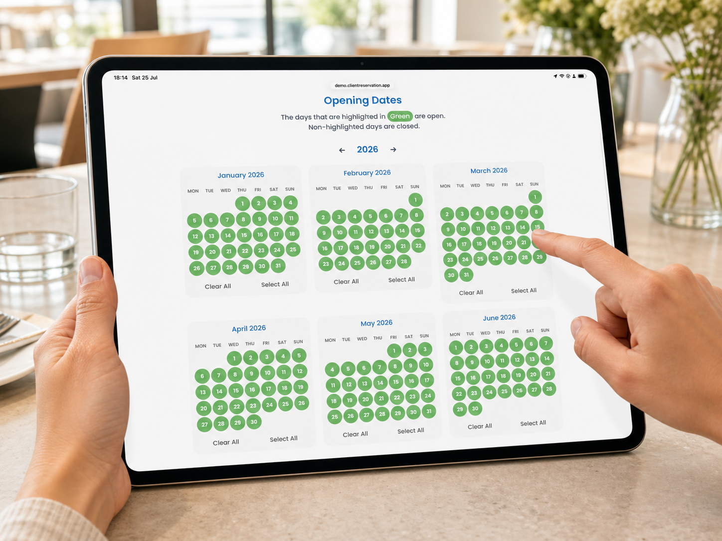 Client Reservation Opening Dates calendar displayed on an iPad being used in a restaurant