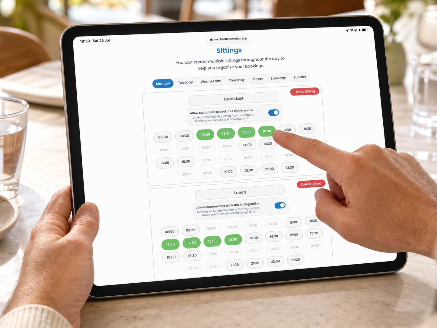 Client Reservation Sittings displayed on an iPad being used in a restaurant